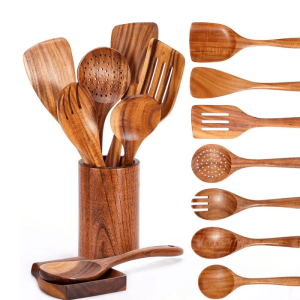 11pcs Wooden Utensil Set with Holder & Rest hardware equipment